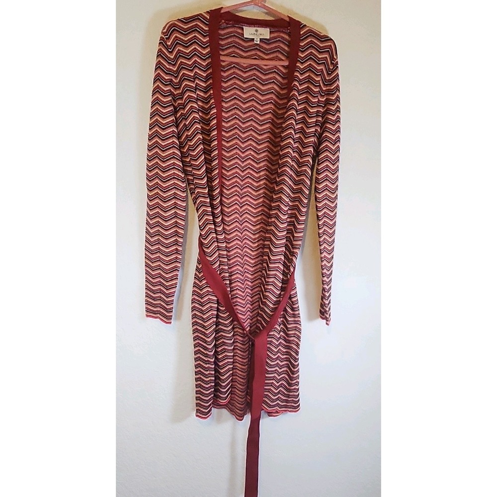Laurie Felt Multi Color Chevron Knit Cartigan XS Long Sleeve W Tie Belt